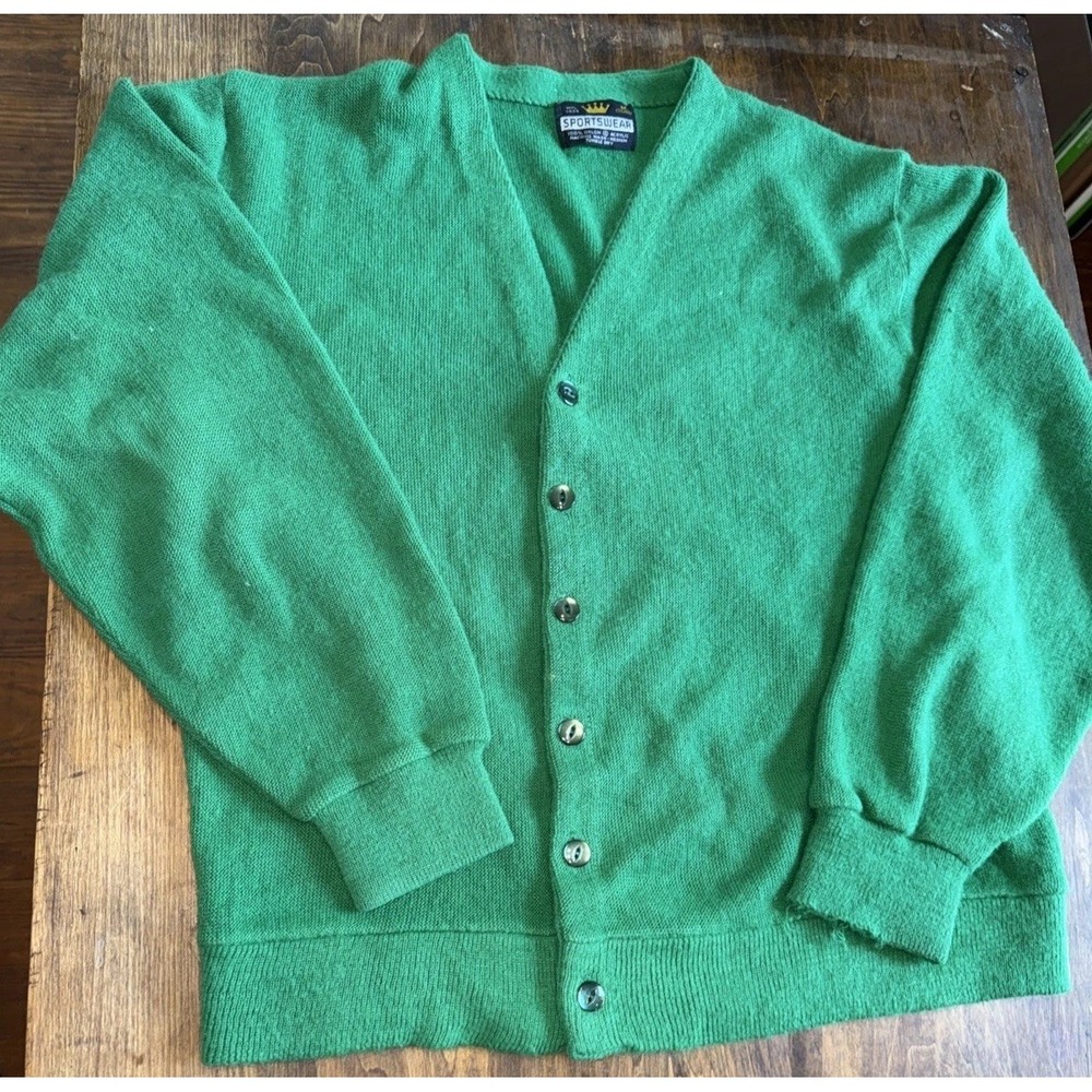 Vintage 60s Sportswear Cardigan Sweater Grunge Green M Size Grandpacore Academia